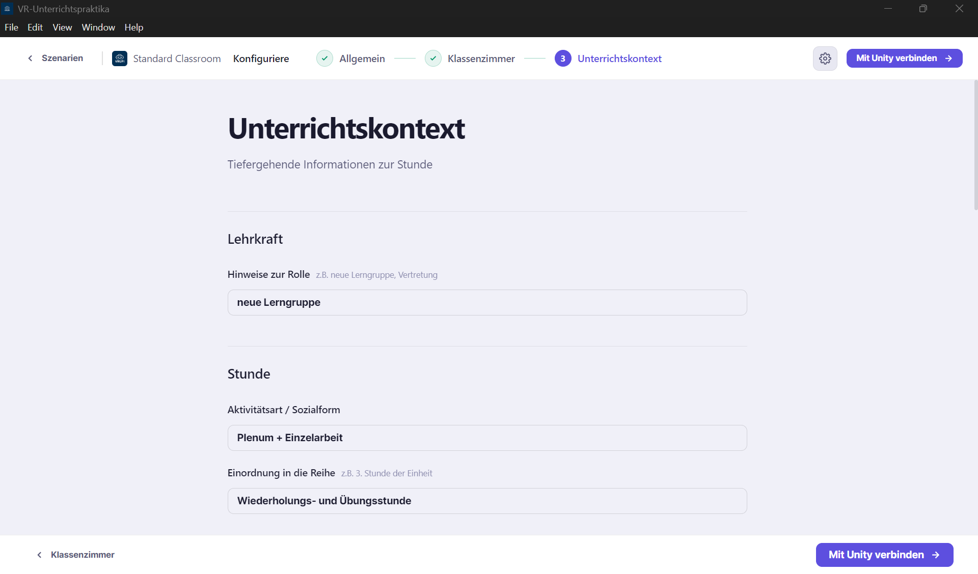 Screenshot: Unterrichtskontext