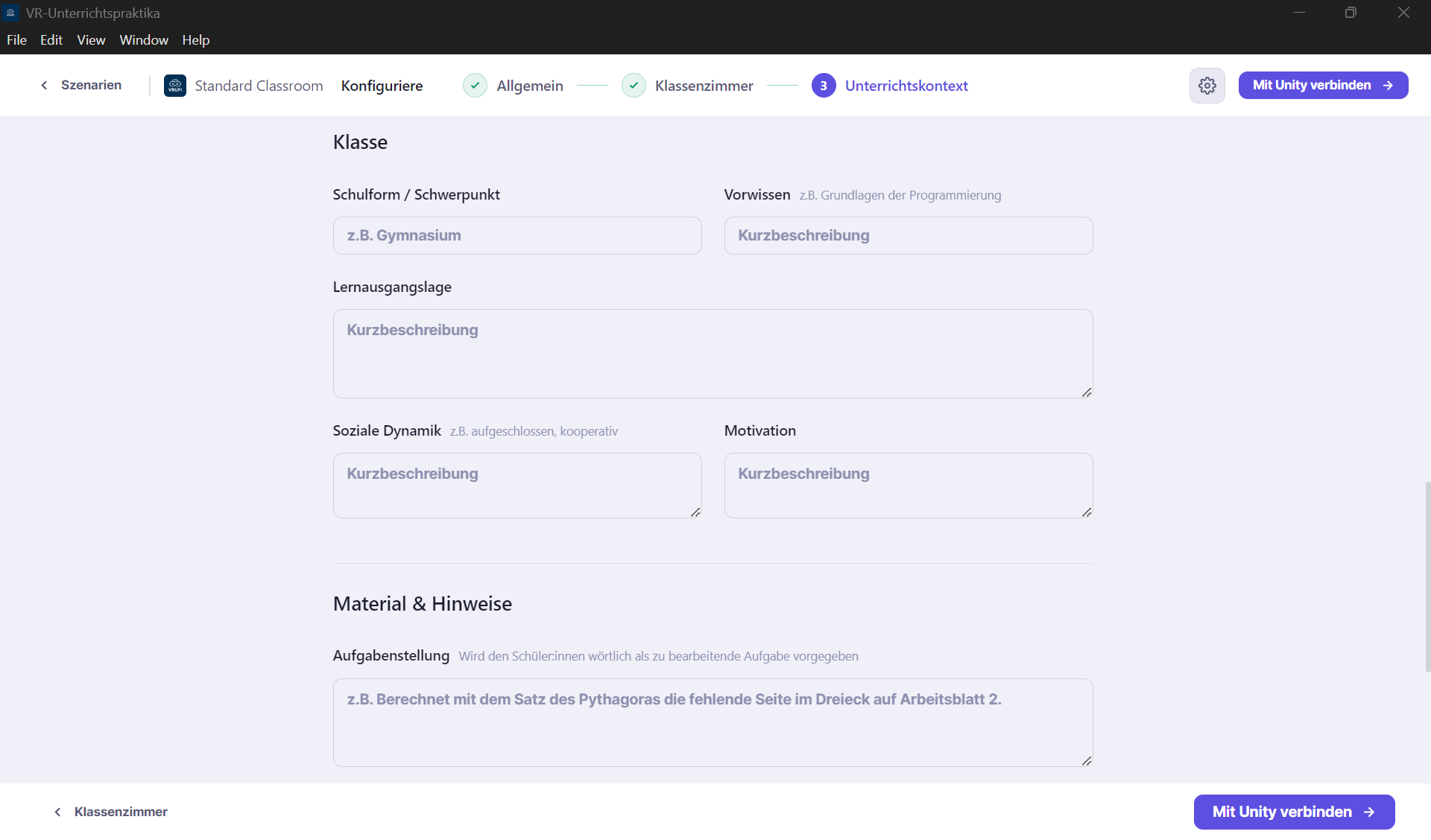 Screenshot: Unterrichtskontext