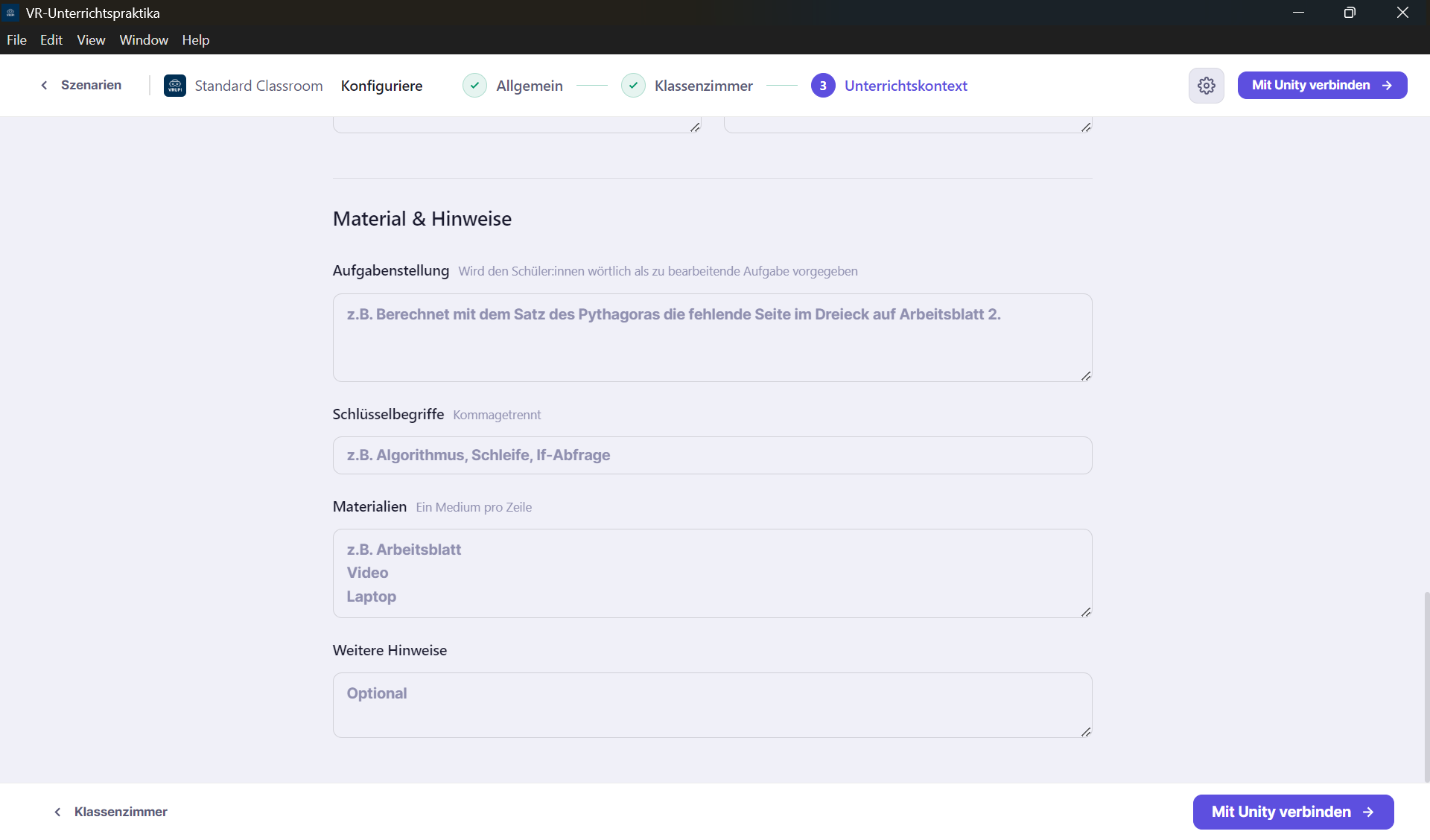 Screenshot: Unterrichtskontext